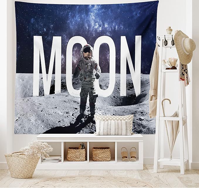 Ambesonne Outer Space Decor Tapestry, Astronaut on a Foreground of Giant Moon Lettering Big Bang Mars Unvierse and Galaxy Themed Print, Wall Hanging for Bedroom Living Room Dorm, 80" X 60", Grey Blue
