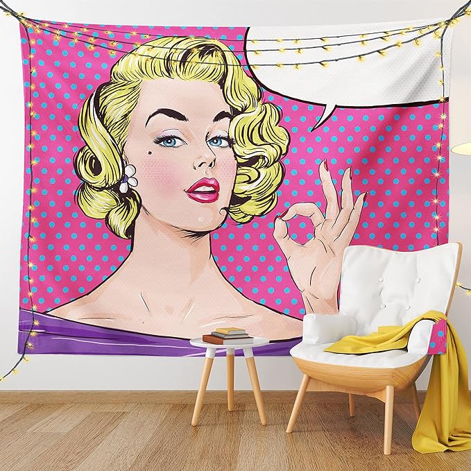 Ambesonne Vintage Tapestry, Pop Art Blonde Woman Making OK Sign on Dotted Background Retro Comic Book Design, Fabric Wall Hanging Decor for Bedroom Living Room Dorm, 30" X 45", Pink Blue