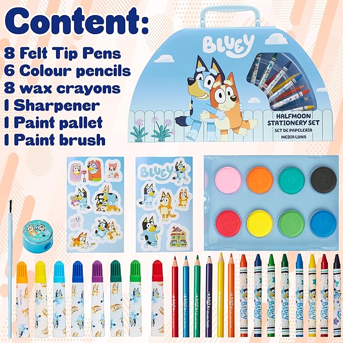 Bluey Colored Pencils Art Supplies for Boys Girls Drawing Kit Painting School Supplies Art Kit Travel Case Gifts for Kids (Blue Halfmoon Case)