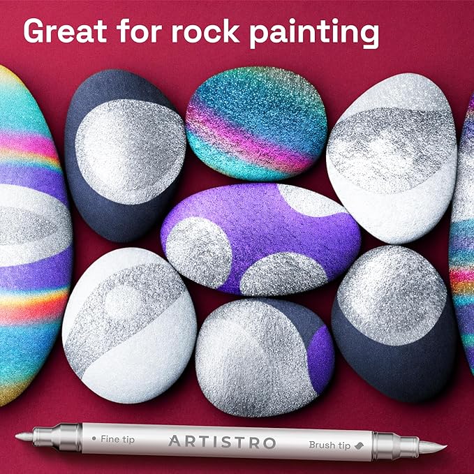 ARTISTRO 5 Silver Acrylic Paint Markers - Paint Pens for Calligraphy, Brush + Fine Tips - For Fabric, Rock, Glass, Wood, DIY, Craft, Canvas - Art and Craft Supplies for Adults, Teens, Kids