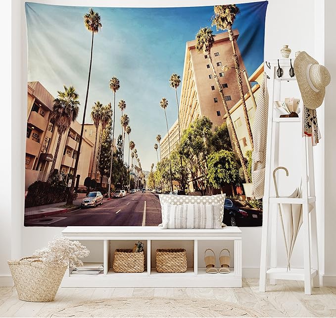 Ambesonne Urban Tapestry, Street in Beverly Hills CaliforniPalm Trees Houses Famous City Photo, Wide Wall Hanging for Bedroom Living Room Dorm, 60" X 40", Pale Blue Peach Green