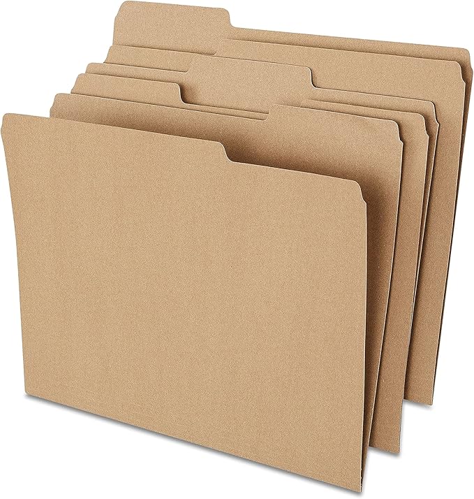 Staples Colored File Folders, Letter Size, 3‑Tab Top‑Tab Design, Kraft, Durable Paper Stock, 100/Pack