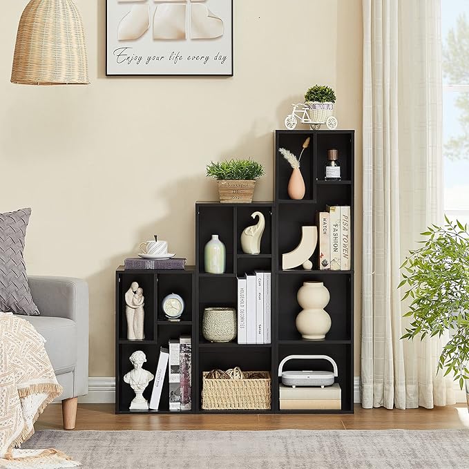 VECELO Small Bookshelf, 4 Cube Slim Bookcase, Fits Tallest Hardcovers, Horizontal Available, Modern Floor Standing Unit, Each Shelf Hold Up to 66 LBS,Black