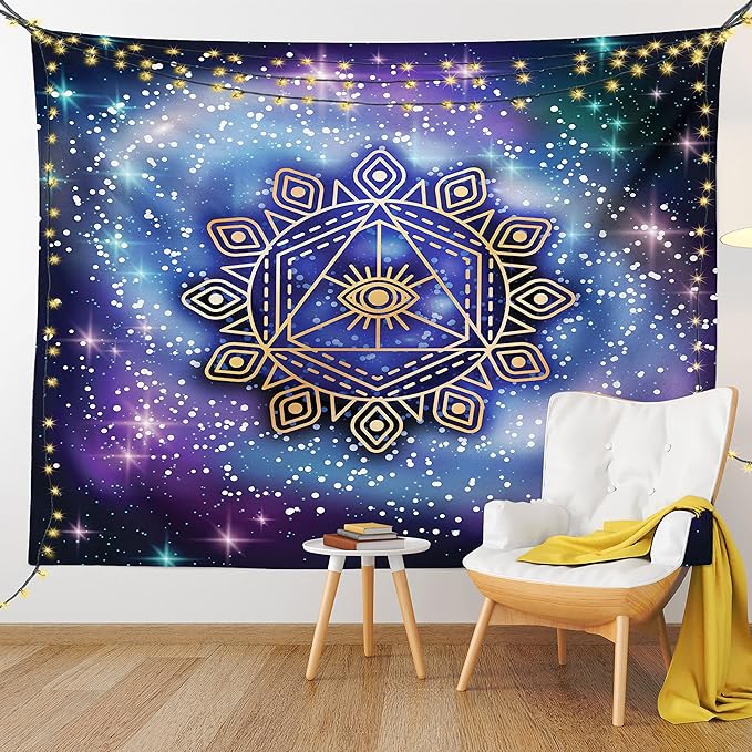 Ambesonne Geometry Tapestry, Celestial and Terrestrial Harmony of Cosmos Mandala Form on Nebula Art, Fabric Wall Hanging Decor for Bedroom Living Room Dorm, 28" X 23", Indigo