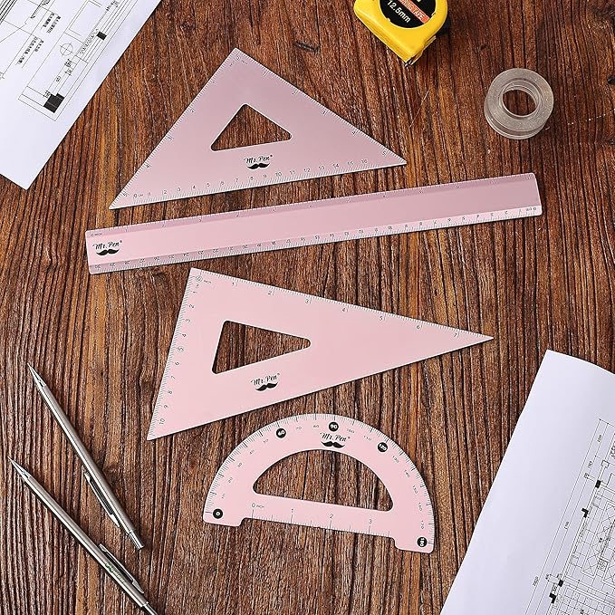 Mr. Pen- Geometry Set, 4 Pack, Light Pink, Metal Geometry Kit, Triangle Ruler, Metal Ruler, Drafting Triangles, Metal Protractor, Metal Set Square, Drafting Ruler, Drafting Set