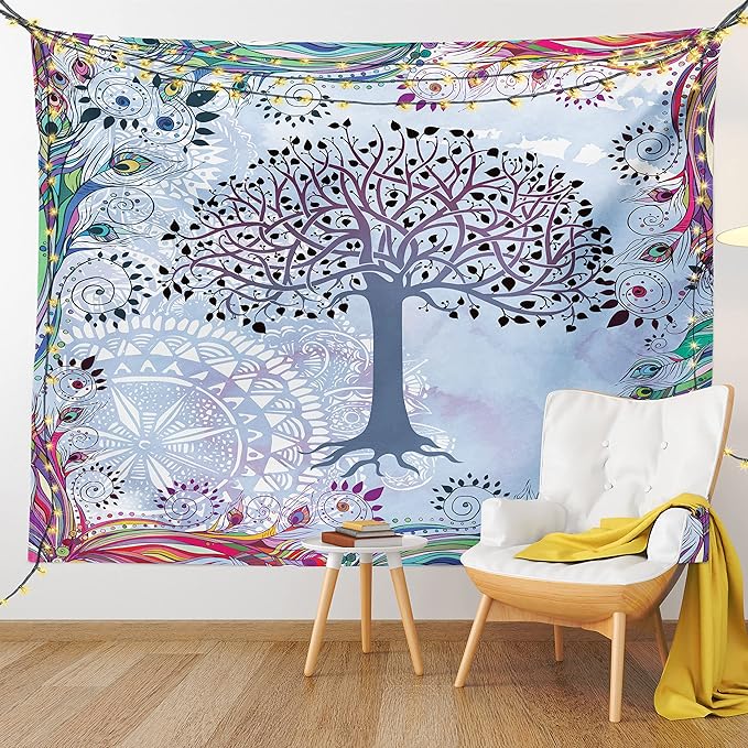 Ambesonne Nature Tapestry, Tree of Life Motif Peacock Feathers Tribal Vintage Prehistoric Flora Illustration, Wall Hanging for Bedroom Living Room Dorm Decor, 40" X 60", Blue