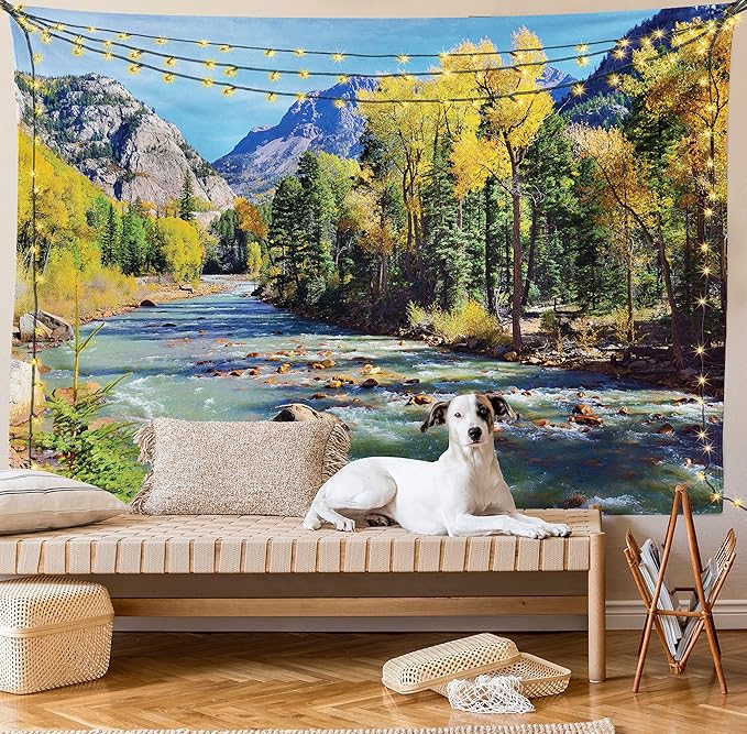 Ambesonne Landscape Tapestry, Mountains of Colorado with Forest and River Summer Foliage Idyllic Photo, Wide Wall Hanging for Bedroom Living Room Dorm, 60" X 40", Sage Green