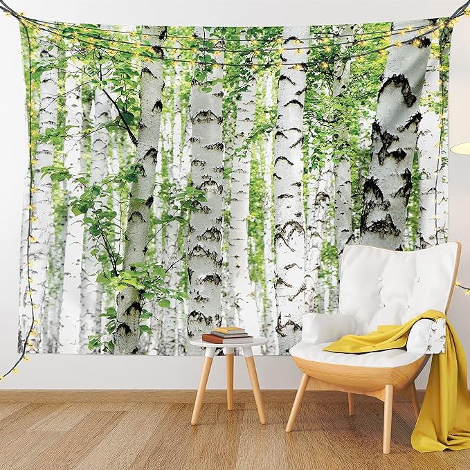 Ambesonne Woodland Tapestry, Birch Trees in The Forest Summertime Wildlife Nature Outdoors Themed Picture, Fabric Wall Hanging Decor for Bedroom Living Room Dorm, 23" X 28", White Green