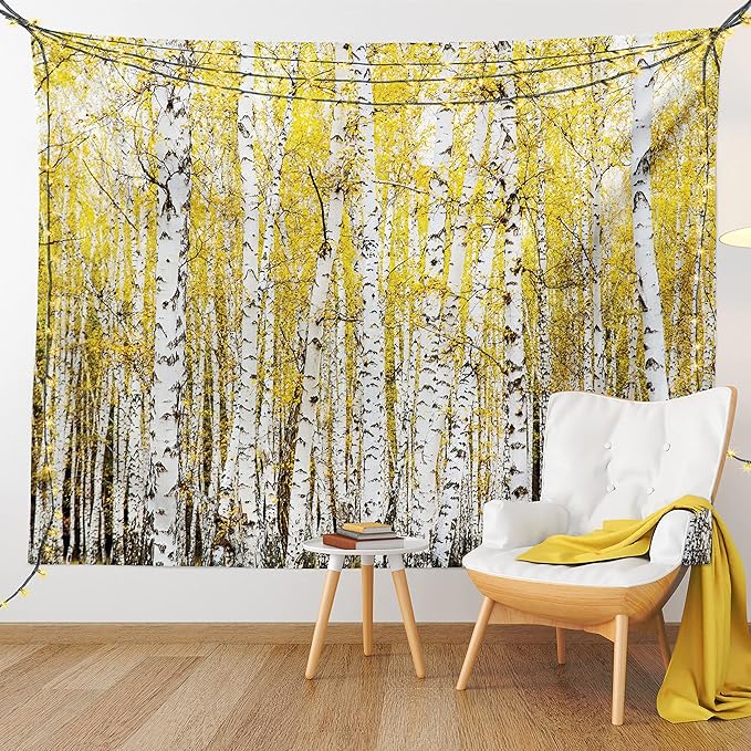 Ambesonne Forest Tapestry, Autumn Birch Forest Golden Yellow Leaves Woodland October Seasonal Nature Picture, Wall Hanging for Bedroom Living Room Dorm Decor, 60" X 80", Yellow Grey
