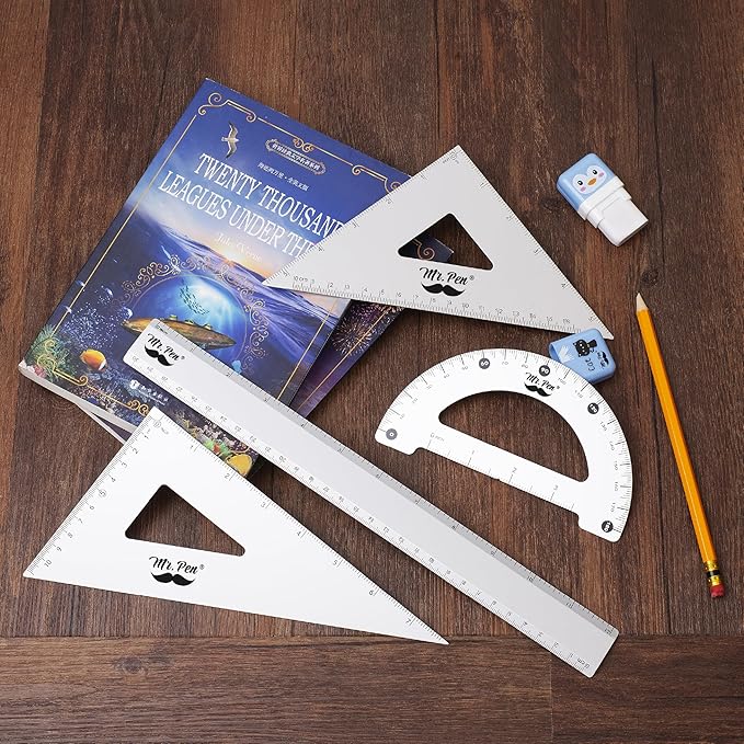 Mr. Pen Metal Geometry Kit - 4Pack Set Square, Protractor, Aluminum Ruler, Drafting Triangles