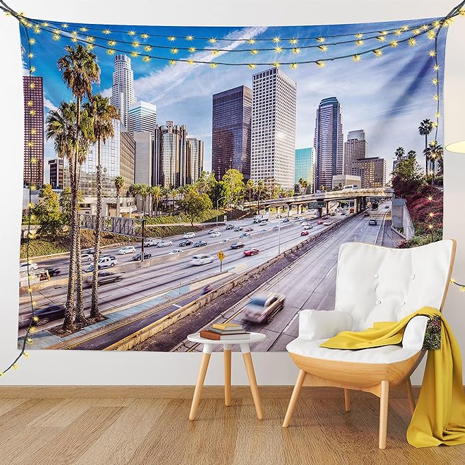 Ambesonne Travel Tapestry Queen Size, Downtown Cityscape of Los Angeles California USA Avenue Buildings Palms Print, Wall Hanging Bedspread Bed Cover Wall Decor, 88" X 88", Blue Grey Green