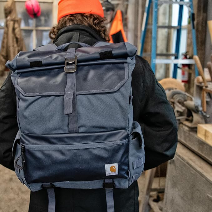 Carhartt 40L Nylon Roll Top Backpack, Heavy-Duty Water-Resistant Material W/ 17" Laptop Sleeve, Blind Fatigue Camo