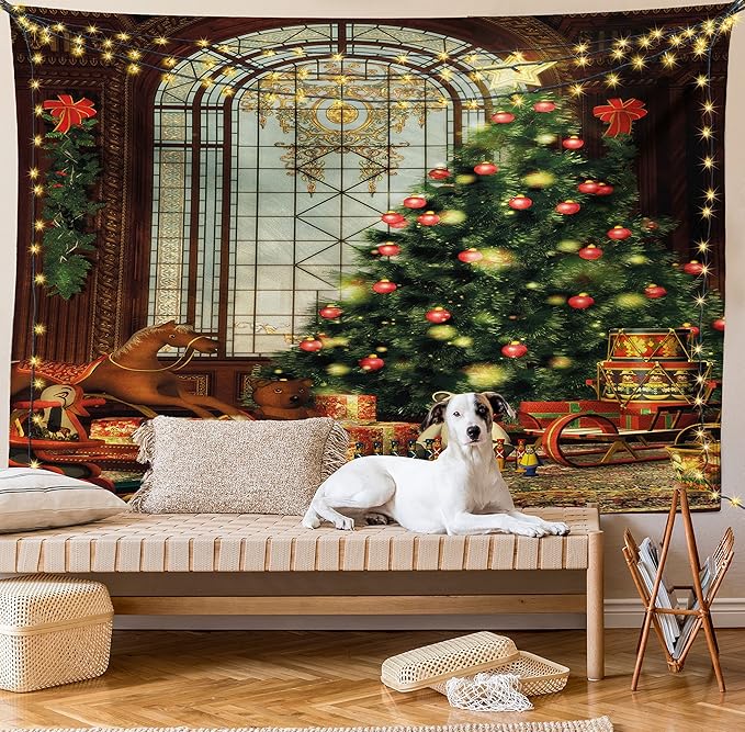 Ambesonne Christmas Tapestry Queen Size, Vintage Ambiance Big Old Fashioned Window Xmas Tree Various Presents, Wall Hanging Bedspread Bed Cover Wall Decor, Queen Size, Brown Red Green