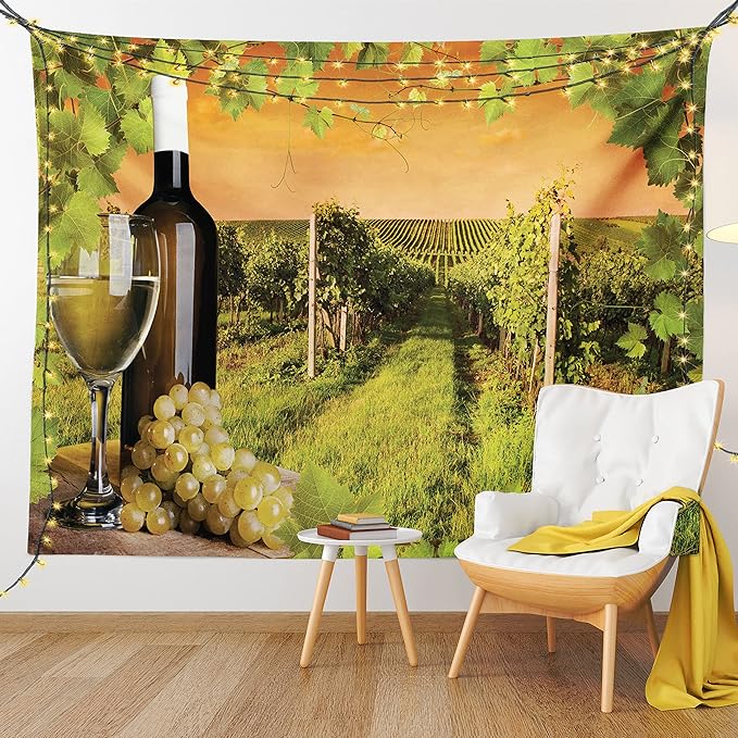 Ambesonne Winery Tapestry Queen Size, Bottle and Glass of Wine and Vineyards of Sunset Countryside Romantic Evening View, Wall Hanging Bedspread Bed Cover Wall Decor, 88" X 88", Orange Green