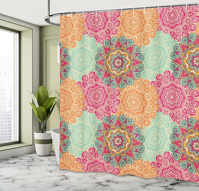 Ambesonne Mandala Shower Curtain, Antique Mandala Patterns Circles in Vintage Colors Native Tribal Ornamental, Cloth Fabric Bathroom Decor Set with Hooks, 70" Long, Fuchsia Orange