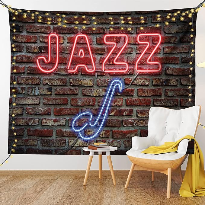 Ambesonne Music Tapestry Queen Size, Image of Alluring Neon All Jazz Sign Saxophone Instrument on Brick Wall Print, Wall Hanging Bedspread Bed Cover Wall Decor, 88" X 88", Red Blue