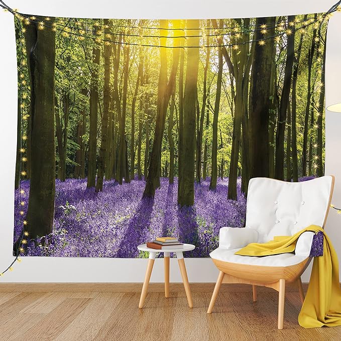 Ambesonne Woodland Tapestry, Sunbeams in the Forest of Bluebells Blooms Deep in Woodland Oxfordshire, Fabric Wall Hanging Decor for Bedroom Living Room Dorm, 30" X 45", Violet Green Yellow