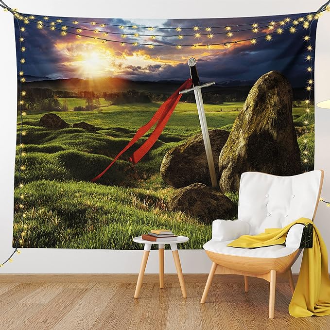 Ambesonne King Tapestry Queen Size, Arthur Camelot Myth in England Ireland Fields Invincible Myth Image, Wall Hanging Bedspread Bed Cover Wall Decor, 88" X 88", Green Blue Red
