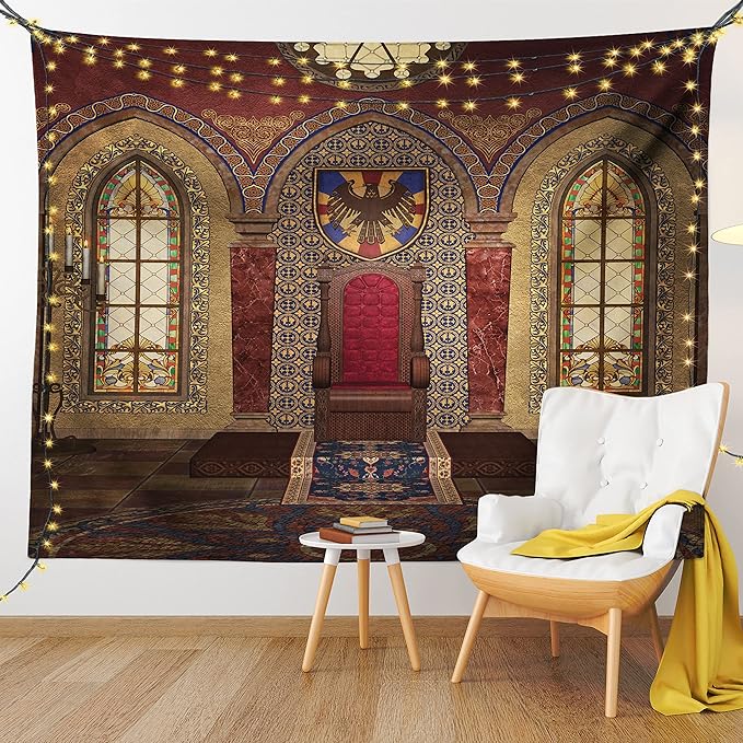 Ambesonne Gothic Tapestry, Red Medieval in Chapel Eagle Portrait on Wall Fantasy Building Print, Fabric Wall Hanging Decor for Bedroom Living Room Dorm, 28" X 23", Brown Ruby