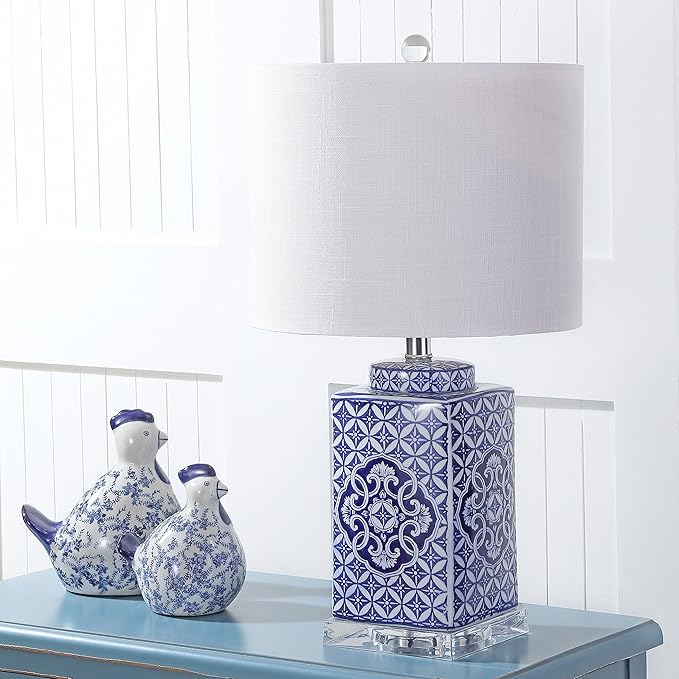 JONATHAN Y 23" Blue and White Chinoiserie Ceramic Table Lamp, Traditional Hand-Painted Bedside Lamp for Living Room Bedroom, White Linen Drum Shade, LED Bulb Included JYL3006A