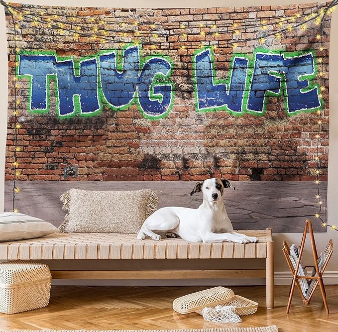 Ambesonne Thug Life Tapestry, Graffiti Style Words on a Brick Wall Street Urban Art Hip Hop Rap Culture Theme, Fabric Wall Hanging Decor for Bedroom Living Room Dorm, 23" X 28", Brown Blue