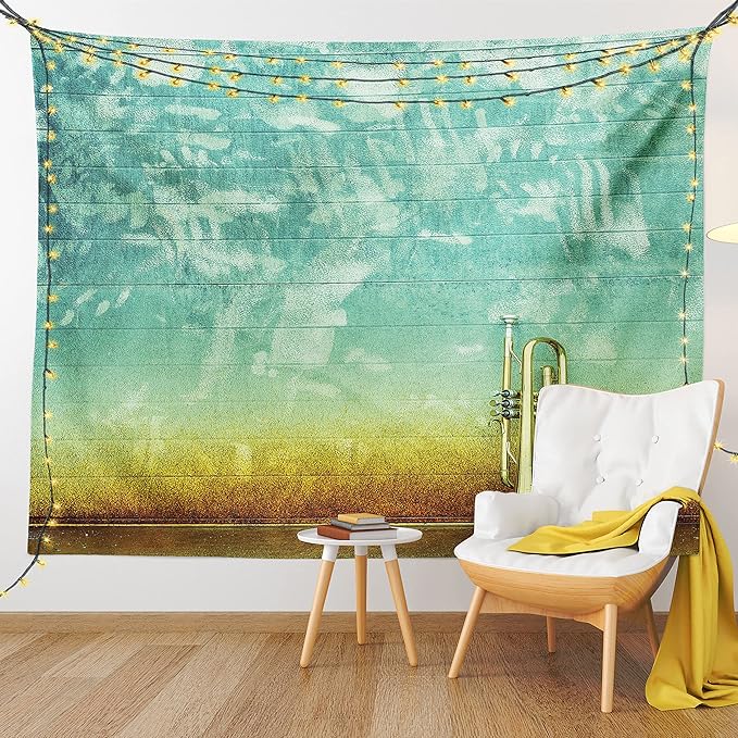 Ambesonne Music Tapestry Queen Size, Old Aged Worn Single Trumpet Stands Alone Against a Faded Wall Jazz Theme Photo, Wall Hanging Bedspread Bed Cover Wall Decor, 88" X 88", Teal Brown