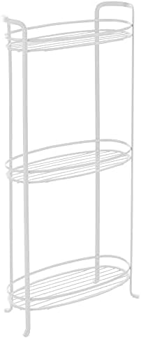 mDesign 3 Tier Vertical Standing Bathroom Shelving Unit, Decorative Metal Storage Organizer Tower Rack with 3 Basket Bins to Hold and Organize Bath Towels, Hand Soap, Toiletries - White