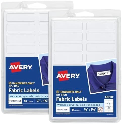 AVERY No-Iron Fabric Labels White | Washer and Dryer-Safe | Handwrite with Marker | 1/2" x 1-3/4" | 54 Labels, Pack of 18