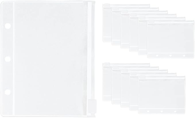 12Pack Binder Pockets Frosted Mini Size Zipper Binder Pouches Bag Waterproof Loose Leaf 3 Holes Zipper Binder Pockets for Journal Budget Filing Pockets Bags