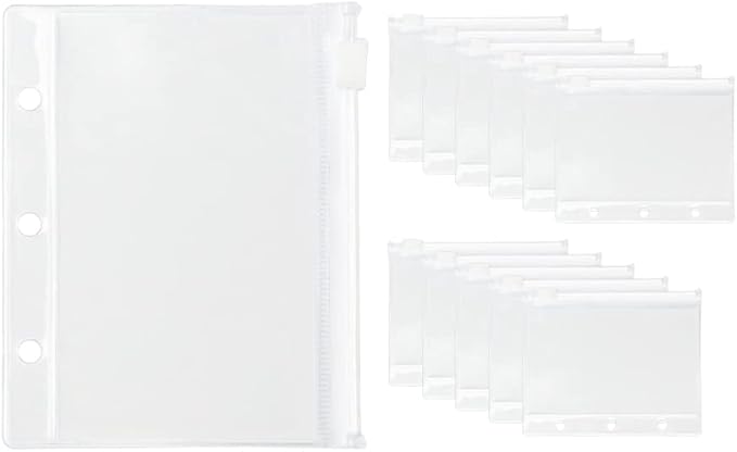 12Pack Binder Pockets Clear Mini Size Zipper Binder Pouches Bag Waterproof Loose Leaf 3 Holes Zipper Binder Pockets for Journal Budget Filing Pockets Bags