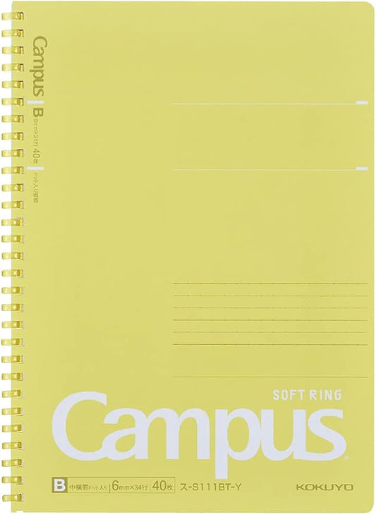 KOKUYO Spiral Lined Notebook, 10'' x 7'' Pastel Journal B5 Campus Soft Ring Notebooks with Dot 6 mm Ruled, 40 Sheets, Yellow 1 Subject Notebook, Note Taking for School. Japan Import (SU-S111BT-Y)