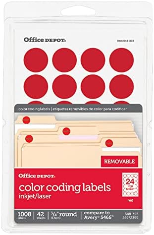 Office Depot Removable Round Color-Coding Labels, 3/4in. Diameter, Red, Pack of 1,008, OD98786