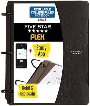 Five Star Flex Refillable Notebook + Study App, College Ruled Paper, 1 Inch TechLock Rings, Pockets, Tabs and Dividers, 200 Sheet Capacity, Black (29328AA2) (Pack of 6)