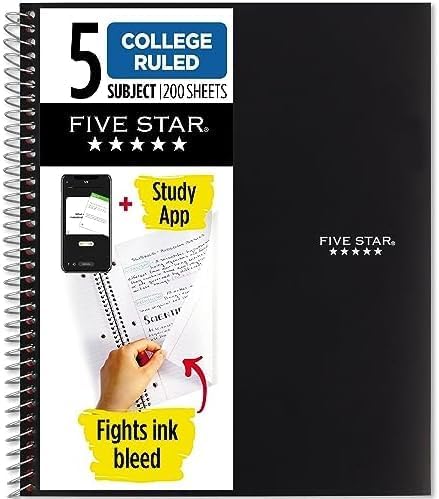Five Star Spiral Notebook + Study App,5 Subject,College Ruled Paper,8-1/2" x 11",200 Sheets,Fights Ink Bleed,Water Resistant Cover,Black (72081),(Pack of 6)