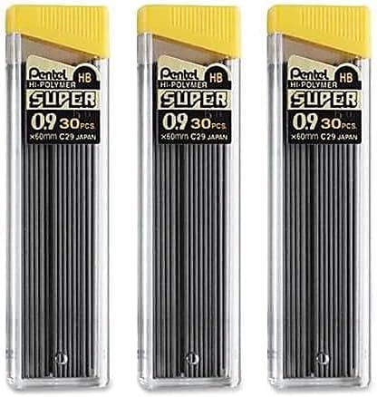 Pentel Super Hi-Polymer Lead Refills, (0.9 mm), Thick, HB, Pack of 3, 90 Pieces of Lead (C29BPHB3)