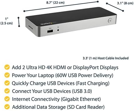 StarTech USB C Dock - Dual Monitor HDMI & DisplayPort 4K 30Hz - Laptop Docking Station 60W Power Delivery, SD, 4-Port USB-A 3.0 Hub, GbE, Audio - Thunderbolt 3 Compatible (DK30CHDDPPD)