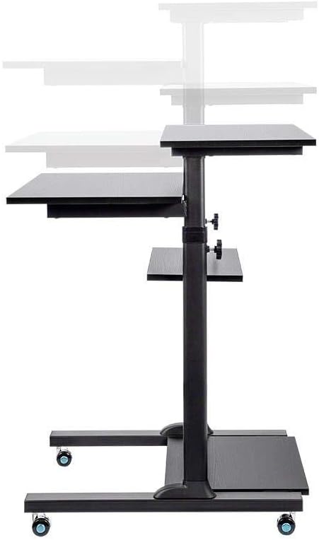 Monoprice Height Adjustable PC Workstation Cart - for Seated or Standing Position, with 28 Inch Table Top,Two Additional Accessory Shelves, Ideal for Work and Home, Black, Keyboard+ Monitor