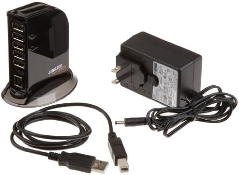 Amazon Basics 7 Port USB 2.0 Hub Tower with 5V/4A Power Adapter, Plug and Play, Charging Ports, Black