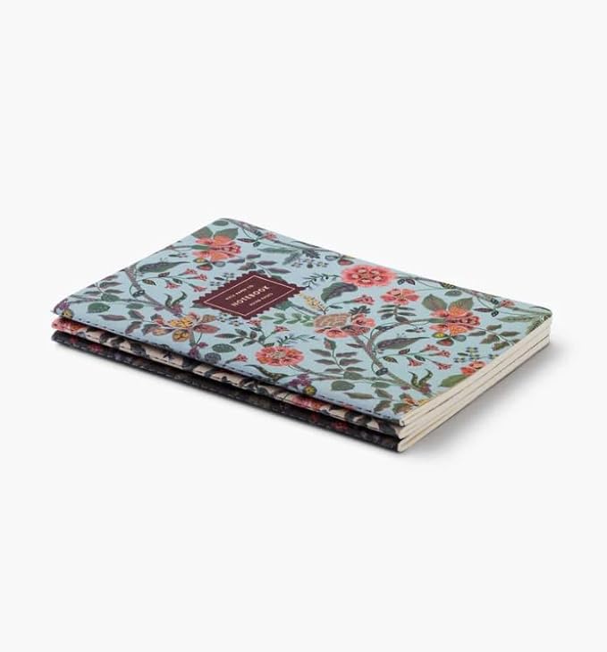 RIFLE PAPER CO. Gracie Stitched Notebook Set, 8.5" L x 6" W, Set Of 3, 64 Ruled Pages With Gold Ink, Full-Color Canvas Cover with White Text Paper Interior
