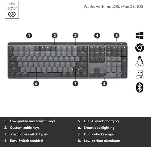 Logitech MX Mechanical Mini Wireless Illuminated Keyboard, Linear Switches, Backlit, Bluetooth, USB-C, macOS, Windows, Linux, iOS, Android, Metal
