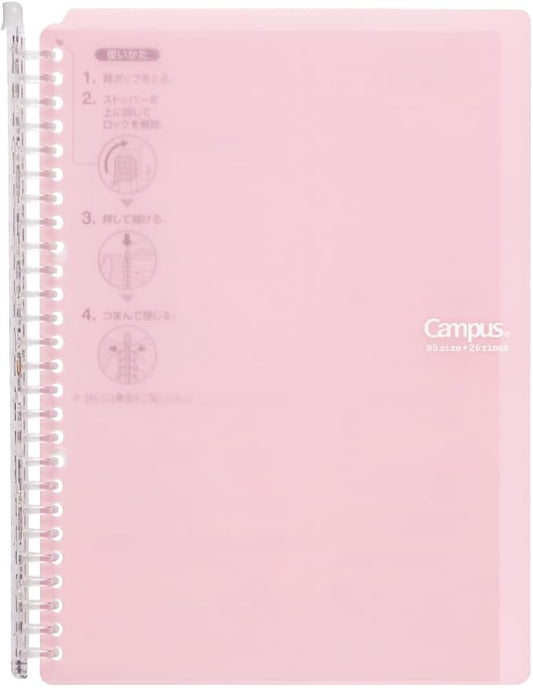Kokuyo Campus Smart Ring Binder, B5 Light Pink Refillable Binder Notebook 26 Holes with 10 Extra Loose-Leaf Paper, Up to 60 Filler Papers for Work & Study, Japan Import (RU-SP706LP)