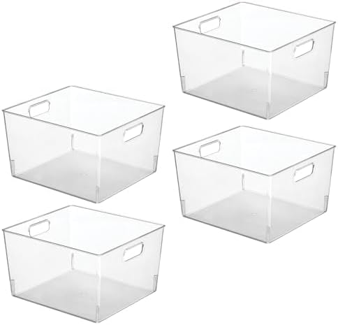 mDesign Plastic Stackable Bin Storage Organizer Basket Container with Handle for Home Office, Kitchen Cabinet, Pantry Shelf Organization - Holds Notebook, Books, Food - Ligne Collection, 4 Pack, Clear