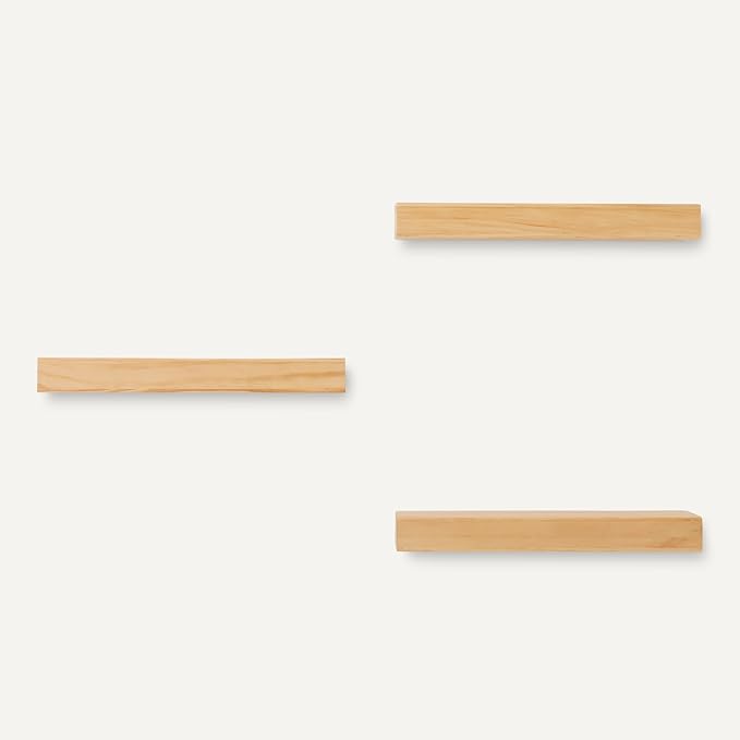 Amazon Basics Wood Floating Wall Shelves, 3-Pack, Pine, 15.8" x 5" x 1.8", Natural Wood Finish