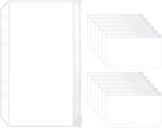 12PCS A6 Clear Zipper Binder Pockets - 6 Holes Pouches Bag for Loose-Leaf Journal Budget Filing