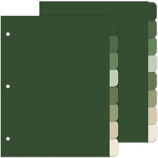 Whaline 16 Pcs/ 2 Set Sage Green 3 Ring Binder Dividers Colorful Index Dividers Plastic Page Folder Divider Sheets Protectors for Notebook Home Office Classroom Supplies