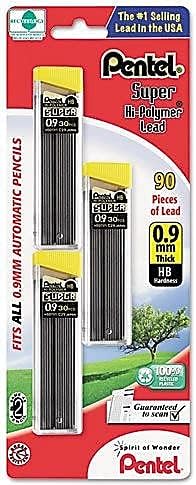 Pentel Super Hi-Polymer Lead Refills, (0.9 mm), Thick, HB, Pack of 3, 90 Pieces of Lead (C29BPHB3)