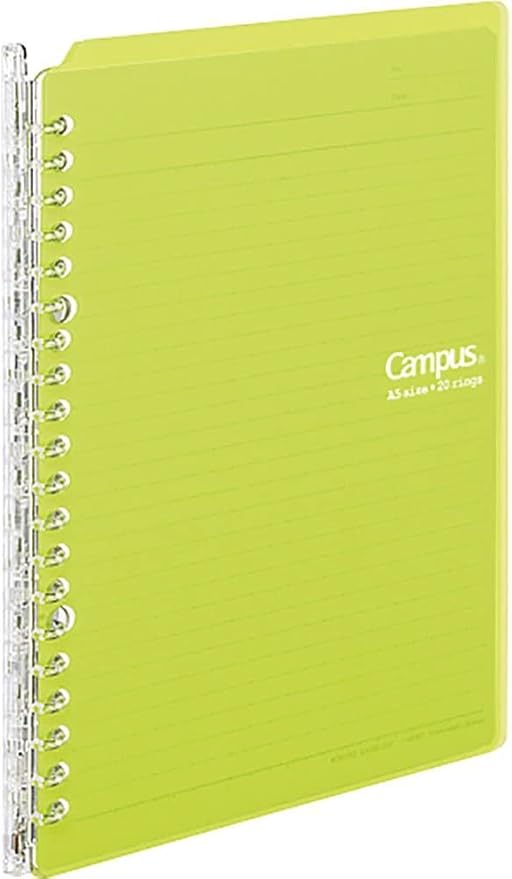 Kokuyo Campus Smart Ring Binder, A5 Yellow Green Refillable Binder Notebook 20 Holes with 10 Extra Loose-Leaf Paper, Up to 25 Filler Papers for Work & Study, Japan Import (RU-SP130YG)