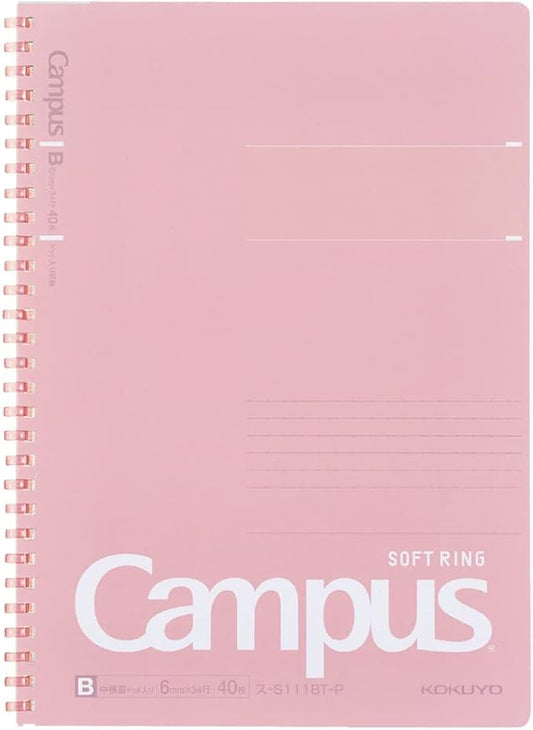 KOKUYO Spiral Lined Notebook, 10'' x 7'' Pastel Journal B5 Campus Soft Ring Notebooks with Dot 6 mm Ruled, 40 Sheets, Pink 1 Subject Notebook, Note Taking for School. Japan Import (SU-S111BT-P)