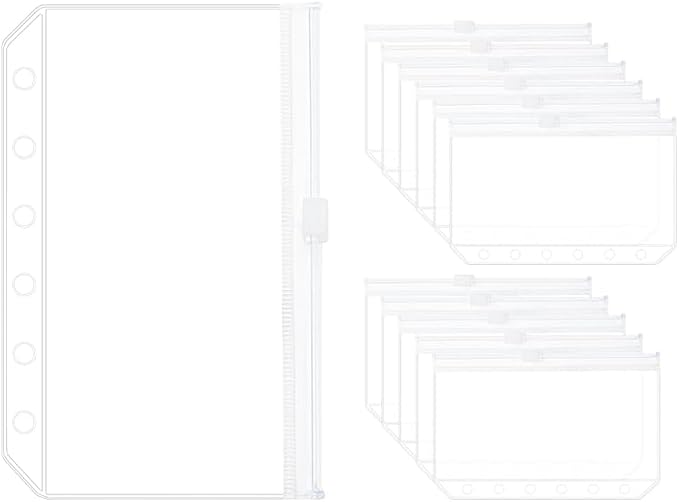 12PCS A7 Clear Zipper Binder Pockets - 6 Holes Pouches Bag for Loose-Leaf Journal Budget Filing