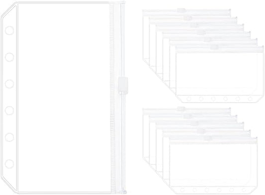 12PCS A7 Clear Zipper Binder Pockets - 6 Holes Pouches Bag for Loose-Leaf Journal Budget Filing